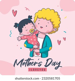 Mom and daughter celebrating happy mother's day with arms holding each others and be surrounded by carnation flowers