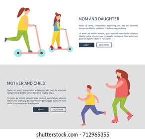 Mom and daughter and child, designed web-pages with icons of family activities, sample text, headline and buttons on vector illustration