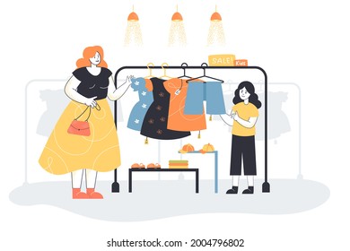 Mom and daughter choosing clothes on sale. Flat vector illustration. Woman and little girl buying dresses, shoes, pants, caps for kids. Shopping, fashion, store, motherhood concept for banner design