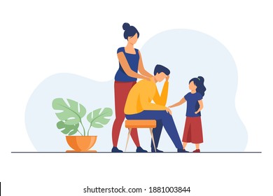 Mom and daughter comforting upset dad. Touching shoulder, holding hand, giving support flat vector illustration. Family, empathy, help concept for banner, website design or landing web page