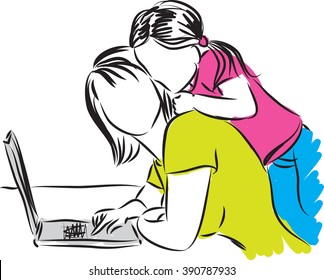 MOM AND DAUGHTER AT COMPUTER illustration