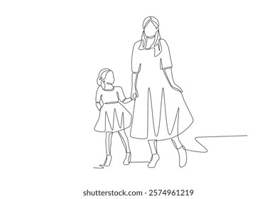 Mom and daughter concept one-line drawing