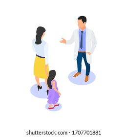 Mom and daughter at a consultation with a pediatrician. Vector isometric illustration on a white background.