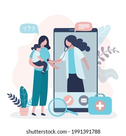 Mom With Daughter Consults With Doctor Via Video Call. Woman With Child At Online Appointment With Pediatrician. Nurse Examines Girl With Stethoscope. Telemedicine Concept. Flat Vector Illustration