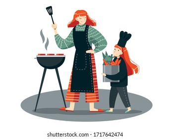 
Mom and daughter cook together at home. The child helps mom to grill meat or vegetables. The concept of a happy family relationship. Woman in an apron with a kitchen spatula. Girl in a cook hat.