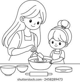 Mom and daughter are cooking together coloring page. Mother's Day hand drawn illustration colouring book for kids