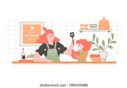 Mom and daughter are cooking together. The girl is holding a cookbook in her hands. Kitchen interier. Family fun, the child helps the parent. Vector flat illustration.