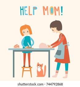 Mom and daughter cooking together. Home help, upbringing. Vector flat isolated illustration. Happy people. 