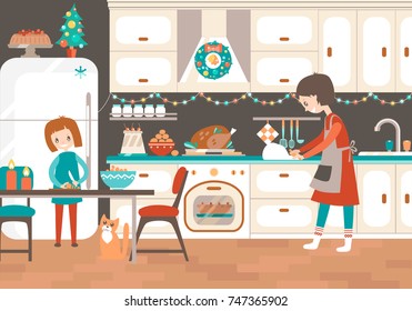 Mom and daughter cooking together in the kitchen Christmas treat. Home help, upbringing. Vector flat illustration. Christmas decoration. Happy people.