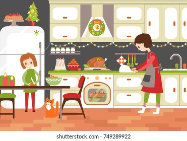 Mom and daughter cooking together in the kitchen Christmas treat. Home help, upbringing. Vector flat illustration. Christmas decoration. Happy people.
