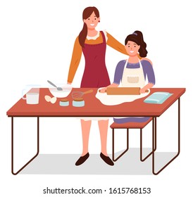 Mom and daughter cooking together. Mother teaching girl to make dough and bake. Female character using rolling pin. Adult personage cheering up child in kitchen preparing homemade food vector