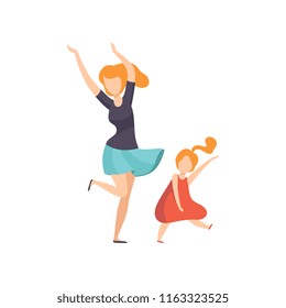 Mamá y su hija bailando, niña divirtiéndose con su madre vector Ilustración en un fondo blanco