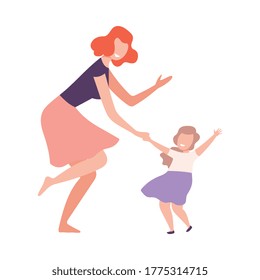 Mom and Daughter Dancing Together Holding Hands, Parent and Kid Having Good Time Flat Style Vector Illustration