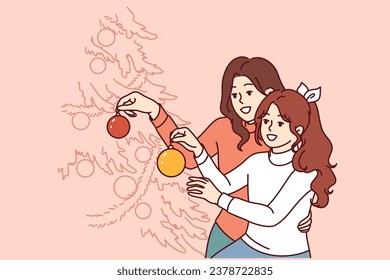 Mom and daughter decorate christmas tree, decorating branches with gift balls and garlands. Happy family preparing for christmas holidays together using bright new year attributes. 