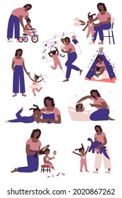 Mom and daughter in different situations. Playing, washing, walking, drawing, educating, reading, combing hairs, vaccinate. Vector illustration. Family day, single mother, black skin. Isolated.