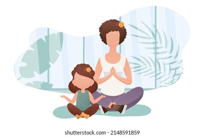 Mom and daughter do yoga. Cartoon style. Meditation and concentration concept. Vector.