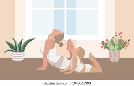 Mom and daughter do yoga at home. The concept of a healthy lifestyle and the right example for the child. Self-isolation and quarantine, homework.