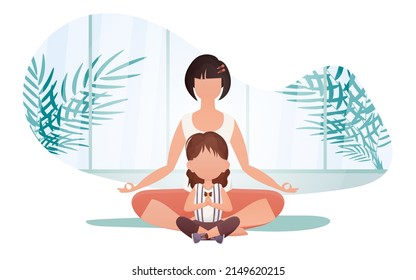 Mom and daughter do yoga in the lotus position. Cartoon style. Sports lifestyle. Vector illustration.