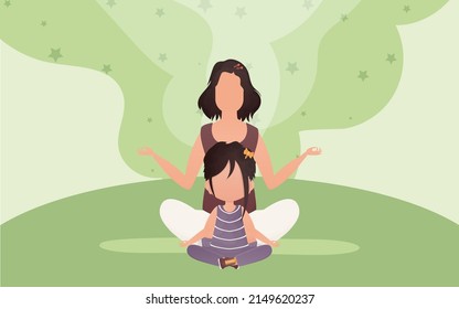 Mom and daughter do yoga in the lotus position. Cartoon style. Yoga concept. Vector illustration.