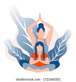 Mom and daughter do yoga and stretching. The concept of home activity with children in quarantine. A happy family. Prevention of the spread of coronavirus. Vector flat cartoon illustration.