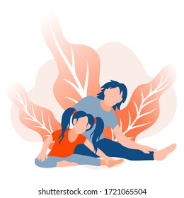 Mom and daughter do yoga and stretching. The concept of home activity with children in quarantine. A happy family. Prevention of the spread of coronavirus. Vector flat cartoon illustration.