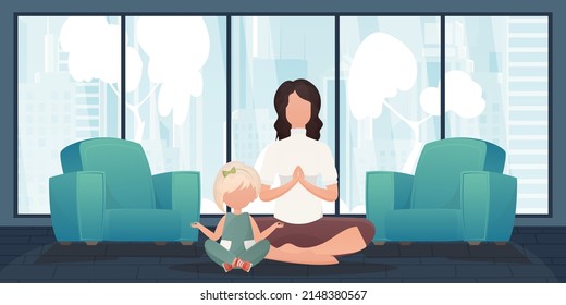 Mom and daughter do yoga together. Cartoon style. Vector.