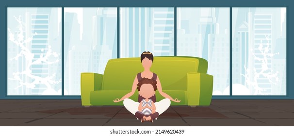 Mom and daughter do yoga together in the lotus position. Design in cartoon style. Vector illustration.