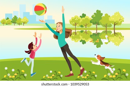 Mom and daughter with dog playing ball by the lake. Concept motherhood child-rearing. Vector illustration