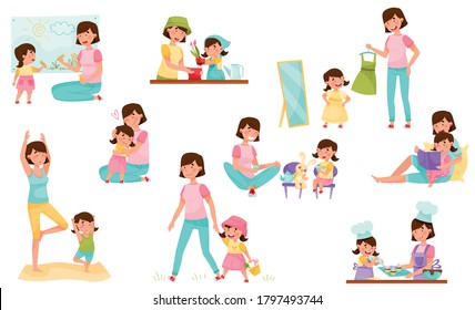 Mom and Daughter Doing Yoga, Baking, Reading Book and Walking Vector Illustration Set