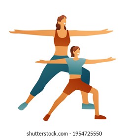 Mom and daughter doing yoga, do the exercise synchronously on a white background, performing sports exercises from yoga. Sports characters, a woman and a child in sports uniform. Girls do exercises.