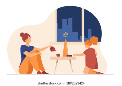 Mom and daughter drinking tea together. Play, game, sweets, tea break. Flat vector illustration. Family, leisure time at home concept for banner, website design or landing web page