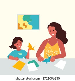 Mom and daughter are engaged in creativity. Vector illustration. Origami is a family hobby. Parents and children at study during quarantine due to coronavirus. Stay at home. Home education