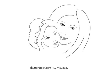 Mom and daughter face to face. Mom and baby hug. Happy mother with baby. Linear drawing