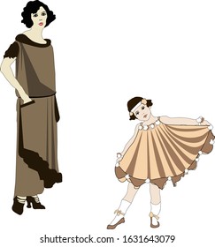 Mom and daughter figures in retro style.Vector.