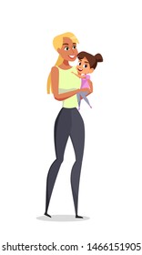 Mom and daughter flat vector illustration. Attractive mommy holding cheerful smiling kid isolated cartoon characters on white background. Mother with child spending time together. Happy motherhood