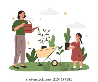 Mamá e hija en el concepto de jardín. Jóvenes humoristas jardineras o granjeros plantan árboles de agua y flores junto con niños. El cuidado de la naturaleza y el medio ambiente. Dibujo vectorial plano de dibujos animados