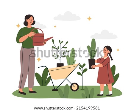 Mom and daughter in garden concept. Young smiling woman gardener or farmer plants and waters trees and flowers together with child. Caring for nature and environment. Cartoon flat vector illustration