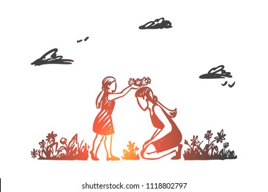 Mom, daughter, garden, happiness, family concept. Hand drawn mother and daughter playing in summer garden. Mother's day concept sketch. Isolated vector illustration.