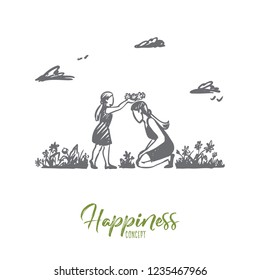 Mom, daughter, garden, happiness, family concept. Hand drawn mother and daughter playing in summer garden. Mother's day concept sketch. Isolated vector illustration.