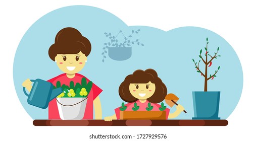 Mom and daughter are gardening, and water the plants. Family occupation at home together. Home greenhouse. Vector illustration in cartoon style, flat style