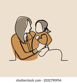 Mom and daughter girl children day oneline continuous line art premium vector