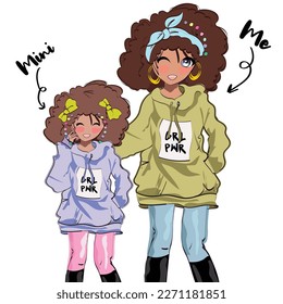 mom and daughter girl vector illustration curly hair black girl mini me