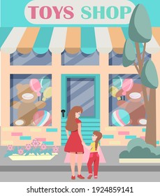 Mom and daughter go to the toy store. illustration of the exterior facade of a toy shopbuilding. The facade of a children's store. Shopping trip with a small child. Vector illustration in flat style.