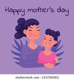 Mom and daughter happily hug and smile. Illustration in a flat style and bright colors with palm leaves on the background. Happy Children's Day. Happy Mother's Day. Greeting card