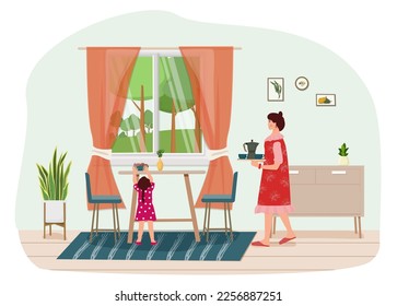 Mom and daughter have set the table and are going to drink tea.  The child helps his parents. Vector illustration.