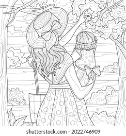 Mom with daughter in her arms in the garden.Coloring book antistress for children and adults. Illustration isolated on white background.Zen-tangle style.