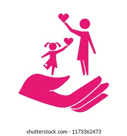 mom and daughter holding heart on hand protection pictogram
