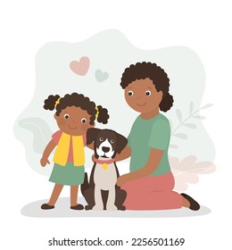 Mom and daughter hug adorable pet. Family portrait, domestic animal care. Funny doggy and cute african american people. Flat vector illustration