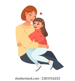Mom and daughter hug. Happy mom and girl child embracing. Cute kid sitting on mum knees. Cartoon vector illustration.