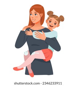Mom and daughter hug. Happy mom and girl child embracing. Cartoon vector illustration.
